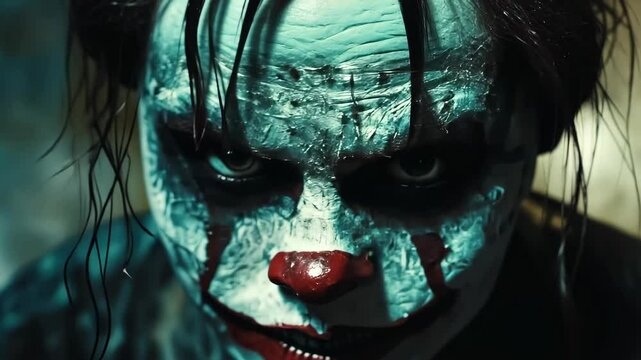 Intense closeup of sinister clown approaching with menacing gaze
