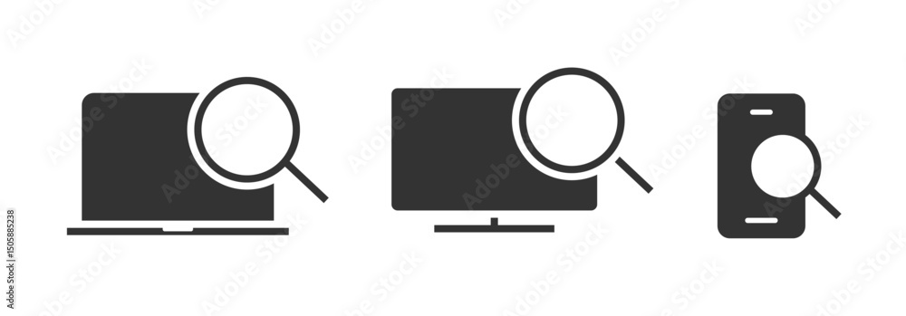 Poster magnifying glass examine inspect desktop computer pc screen icon solid vector, test find analysis la