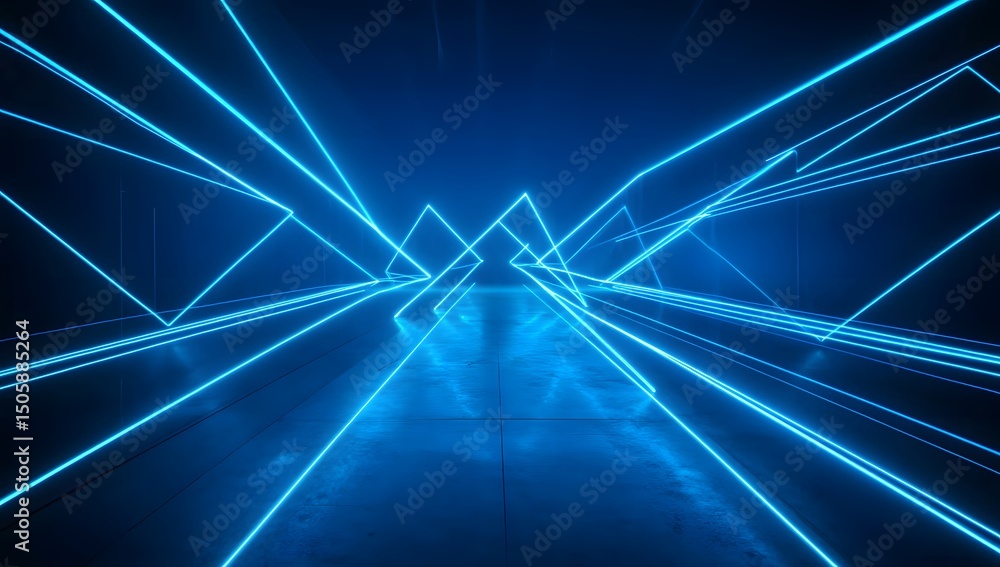 Poster a futuristic blue laser tunnel with triangular shapes and glowing lines, creating an immersive sci-f