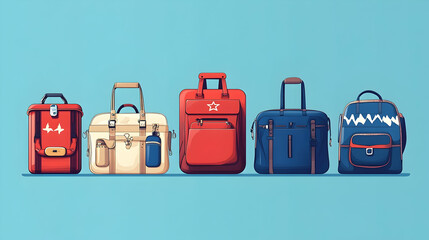 A variety of stylish travel bags displayed in a row.