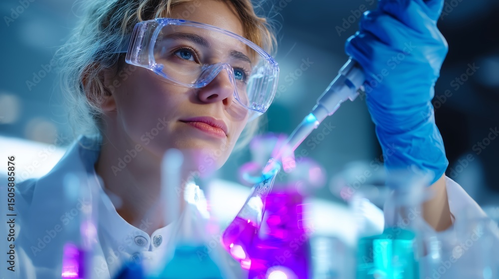 Poster scientist conducts experiment with colorful liquids in laboratory during late evening hours
