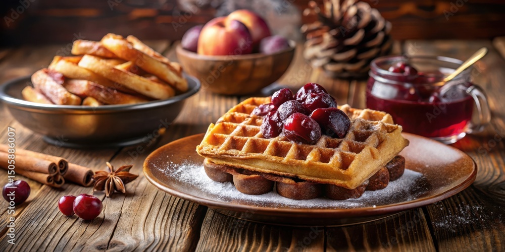 Poster sweet and savory a stack of buttery waffles topped with cherries and a side of cinnamon
