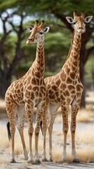 Obraz premium Giraffes interacting in the serene savannah of Serengeti with one displaying a joyful expression and the other observing the surroundings