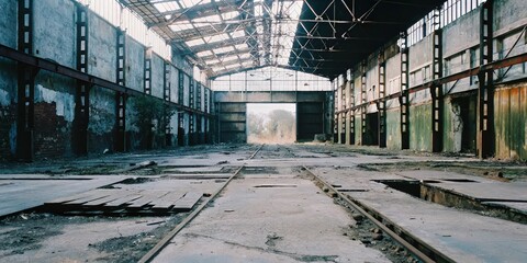 Derelict Industrial Building Interior with Railway Tracks