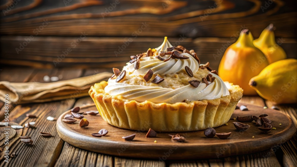 Poster a creamy pastry tart with a delicate swirl of whipped cream and toasted nut topping served on a rust