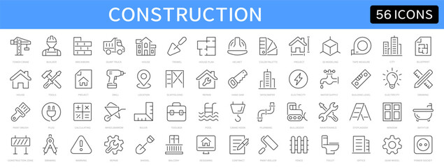 Construction thin line icons set. Builder, design, crane, construction, tools, house, repair, build icon. Editable stroke. Vector