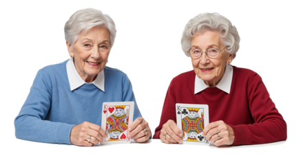 Elderly women smiling while holding playing cards at home 