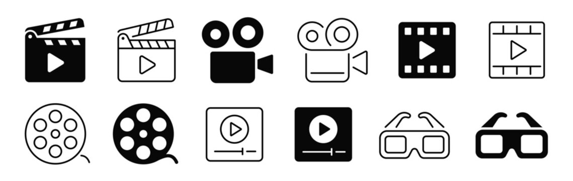 Cinema line and flat icons. Camera, film, clapper board, reel, player icon. Vector