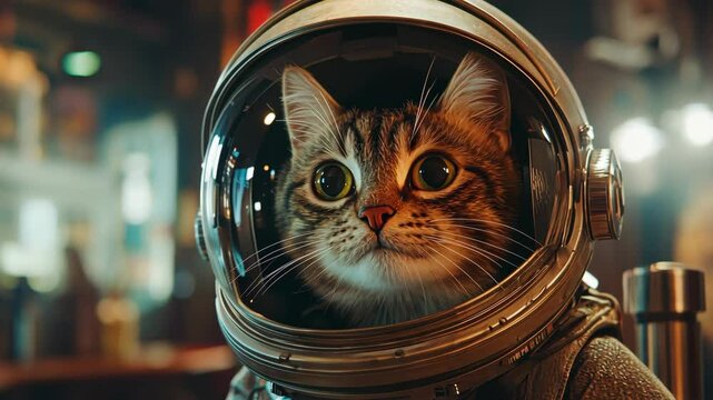 Curious cat in space helmet observes colorful bar atmosphere