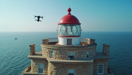 Lighthouse Drone Flying Above Ocean