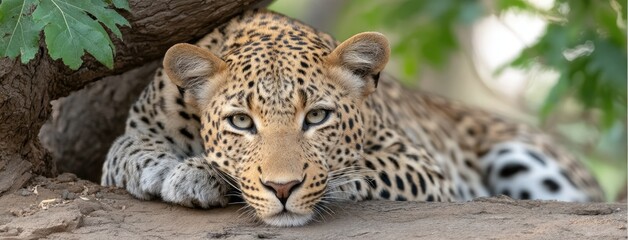 Fototapeta premium Majestic leopard resting in the savanna under golden sunlight, showcasing its grace and beauty in a tranquil moment of wildlife observation