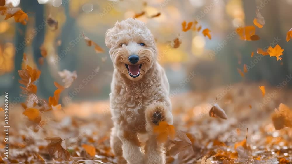 Poster white fluffy labradoodle dog running and jumping through falling orange autumn leaves in forest with