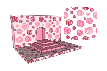 Podium, wall with rose pattern, steps, 3D models, color pattern, on transparent background