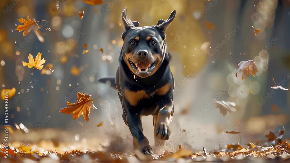 Poster energetic rottweiler running through falling autumn leaves, creating dynamic motion with leaf partic