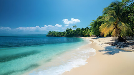 Tranquil tropical beach scene under a vibrant azure sky.