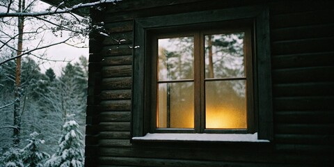 Illuminated Window in Wooden House during Winter