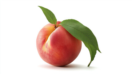 Peach, a realistic stock photo on a white background with no shadow or text in the middle of the picture. No other elements, just one peach with a leaf on top. The image is used for digital design and