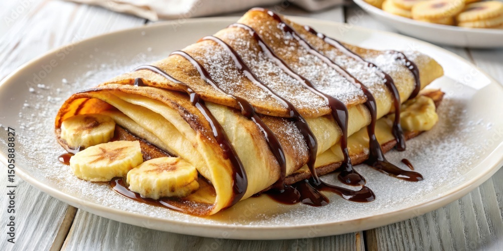Poster A single crepe with a light dusting of powdered sugar and drizzled with chocolate sauce, folded over slices of banana