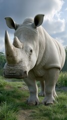 Obraz premium Stunning full-body portrait of a rhinoceros amidst tall grass in a verdant savannah under dramatic stormy skies