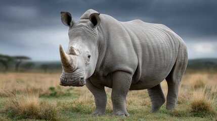 Obraz premium Stunning full-body portrait of a rhinoceros amidst tall grass in a verdant savannah under dramatic stormy skies