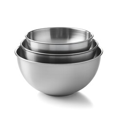 Shiny Stainless Steel Mixing Bowls Nestled Together on a Pure White Background