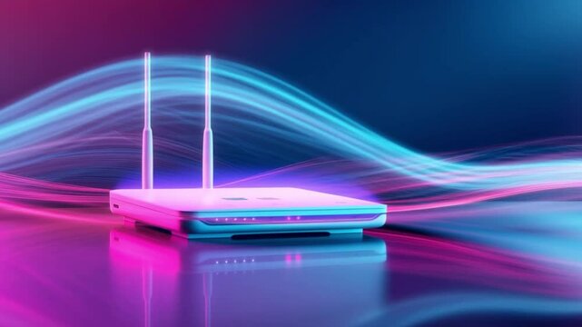 modern white router for home Internet and television networks, online communication on a bright neon digital background with a gradient of blue and pink colors and copy space