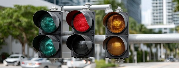 Red traffic light signals cars to stop at a busy intersection in Miami, showcasing urban life. The blue sky complements modern buildings nearby, creating a vibrant city atmosphere.