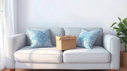Delivered package sits on a comfortable couch with decorative pillows in a bright, inviting living room.