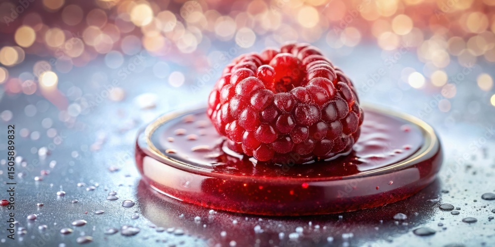 Poster A single raspberry nestled in a pool of red, glistening sauce on a mirrored surface, surrounded by water droplets and bokeh lights.