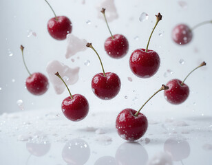 Cherry Jubilee dessert preparation showcases fresh cherries splashing with sugar and water in a lively burst of flavor at a vibrant kitchen setting