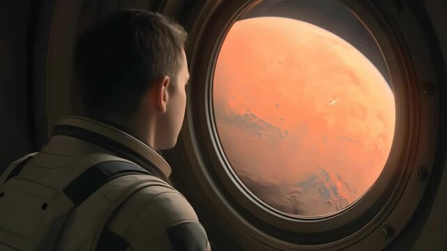 Male astronaut observing orange-hued Mars from spacecraft porthole. Detailed spacesuit visible, planet's cloudy surface prominent in view.