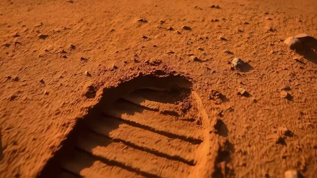Detailed bootprint embedded in rusty orange Martian surface terrain, revealing first human contact with alien landscape. Rocky ground with scattered stones surrounding distinctive shoe impression.