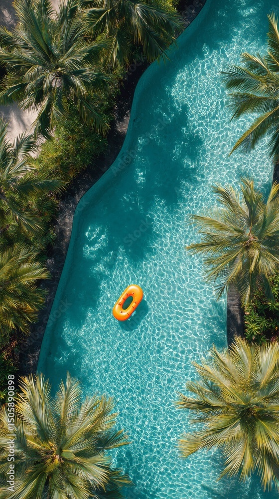Poster relaxing view of a pool surrounded by palm trees with a bright orange float in the water on a sunny 