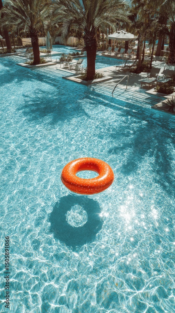 Poster relaxing day by the pool with a colorful float in a tropical setting under bright sunlight