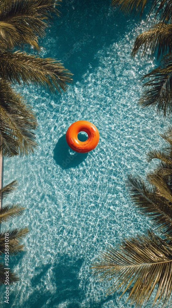 Aufkleber relaxing day by the pool with a colorful float in a tropical setting under bright sunlight.