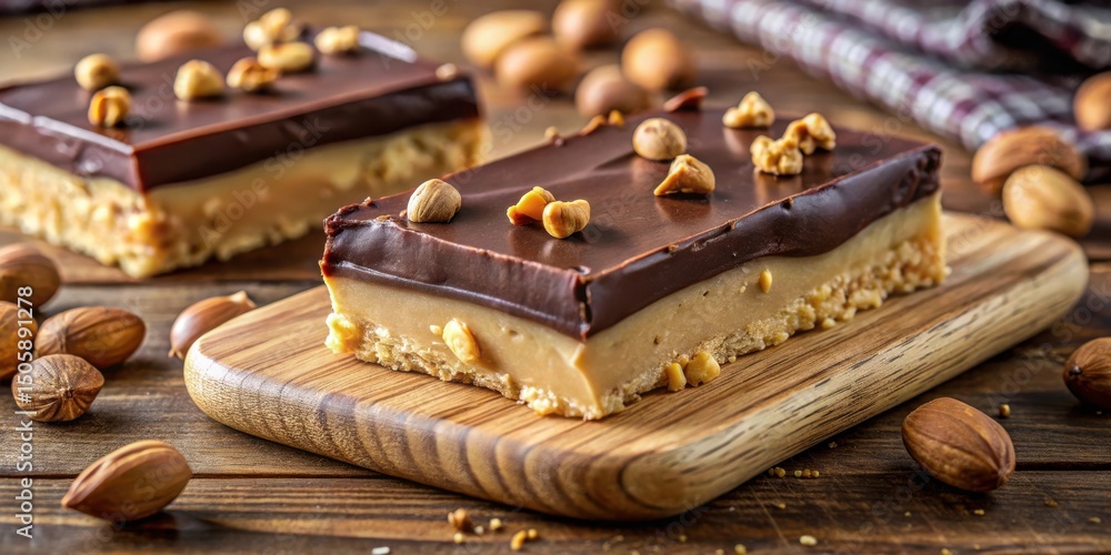 Poster a close-up shot of a decadent chocolate dessert with a creamy caramel layer, topped with crunchy nut