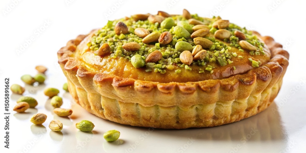 Aufkleber a small, golden pastry tart with a flaky crust topped with a generous layer of pistachios and sliver