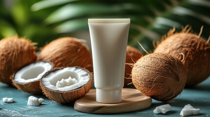 Coconut skincare product displayed on wooden surface with fresh coconuts and coconut pieces, surrounded by lush green foliage, emphasizing natural beauty and wellness