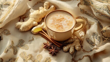 Warm cup of spiced ginger tea with cinnamon sticks, fresh ginger roots, and star anise on an elegant fabric background, creating a cozy and inviting atmosphere for relaxation