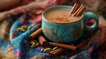 Warm cup of spiced tea with cinnamon sticks and cardamom pods on colorful fabric, showcasing rich textures and inviting ambiance for cozy moments and culinary experiences