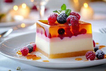 Colorful layered dessert with jelly, cream, and fresh berries served on a white plate, garnished with mint leaves, creating an inviting and delicious culinary experience