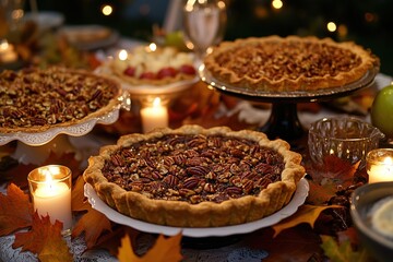 Delicious assortment of homemade pies including pecan and pumpkin, elegantly displayed on a festive table surrounded by autumn leaves and glowing candles, creating a warm atmosphere