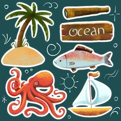 Naklejka premium Set of stickers of ocean, sea illustrations for your design
