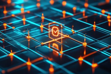 Digital grid with glowing blue and orange lights, featuring a highlighted checkmark icon, representing technology, innovation, and connectivity in a futuristic environment