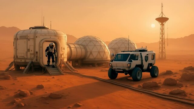 Astronaut walking near habitat modules on Mars, rover, communication tower during sunset on rocky desert terrain with geodesic domes