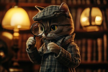 Adorable feline detective wearing a plaid coat and cap, holding a magnifying glass, surrounded by warm library ambiance with bookshelves and soft lighting creating a cozy atmosphere