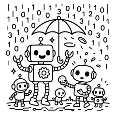 Fototapeta premium A playful and colorful robot-themed children’s coloring book cover. The background is a light blue sky with gears, bolts, stars, and circuits floating around