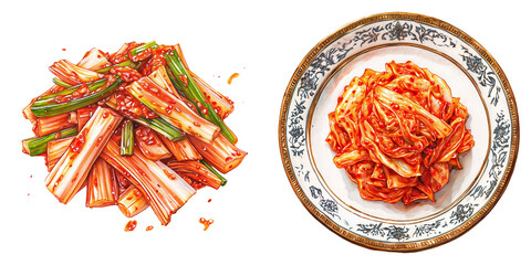 Pickled white cabbage kimchi clipart watercolor illustration set on transparent background