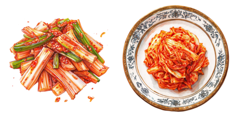 Pickled white cabbage kimchi clipart watercolor illustration set on transparent background