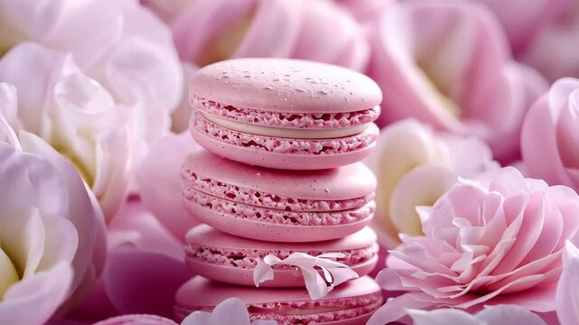 Elegant pink macarons stacked amid blooming pastel flowers